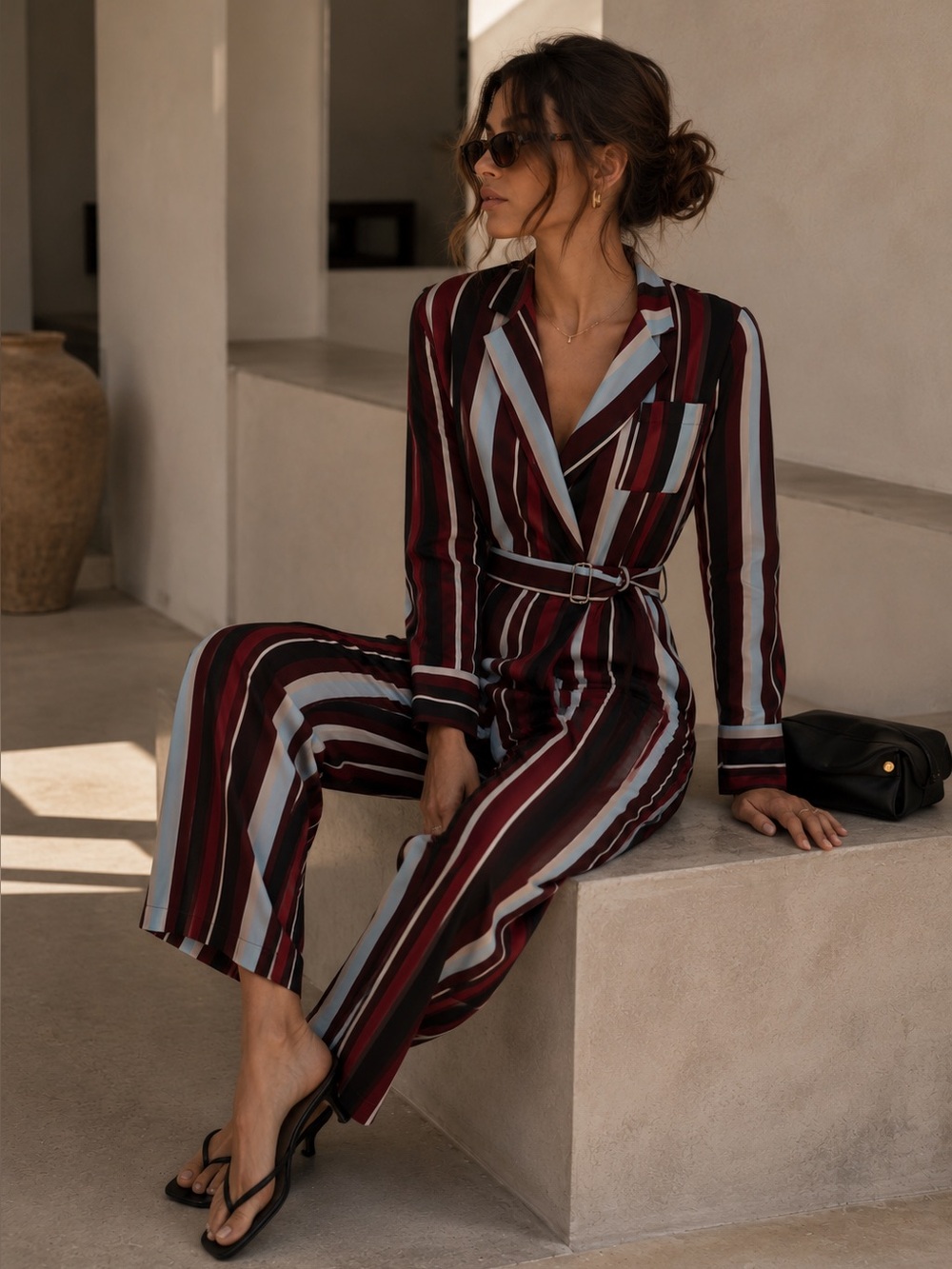 Topshop Belted Striped Wide Leg Jumpsuit